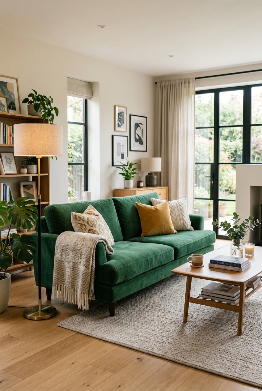 A living room with a comfortable sofa upholstered in velvet or linen fabric, surrounded by home decor elements like a coffee table, plants, and a floor lamp.