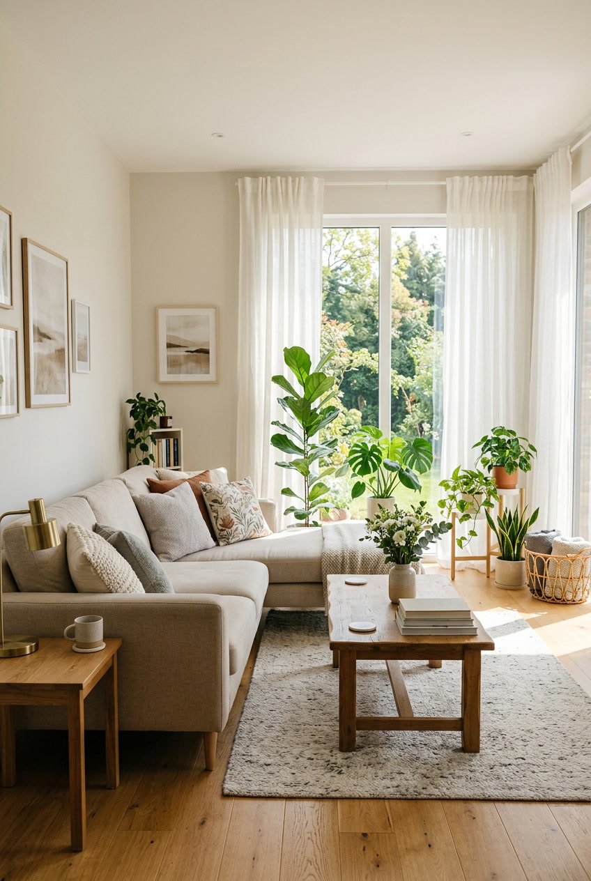 A living room with large windows covered by sheer white curtains allowing natural light to fill the space, featuring a sofa, coffee table, and indoor plants.