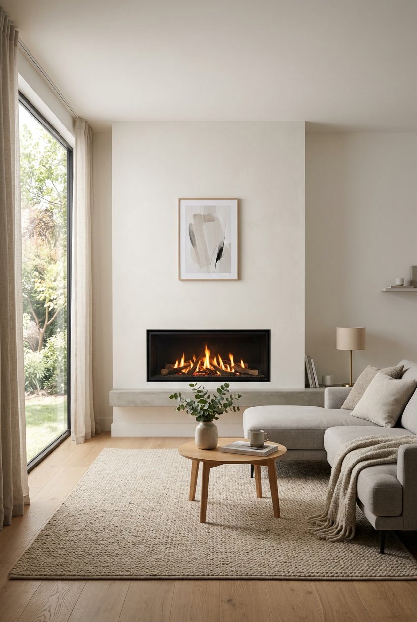 A living room with a built-in fireplace, sofa, coffee table, and decorative plants.