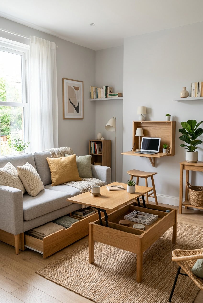 A small living room with multifunctional furniture including a sofa with storage, a coffee table with storage, and a foldable wall desk, decorated with cushions and a small plant.