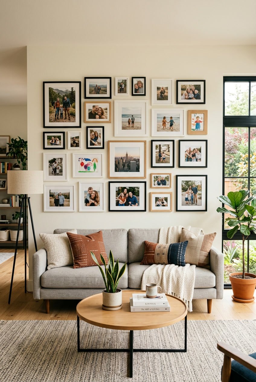 Living room with a gallery wall of personal photos in different frames above a sofa, with natural light and cozy furnishings.