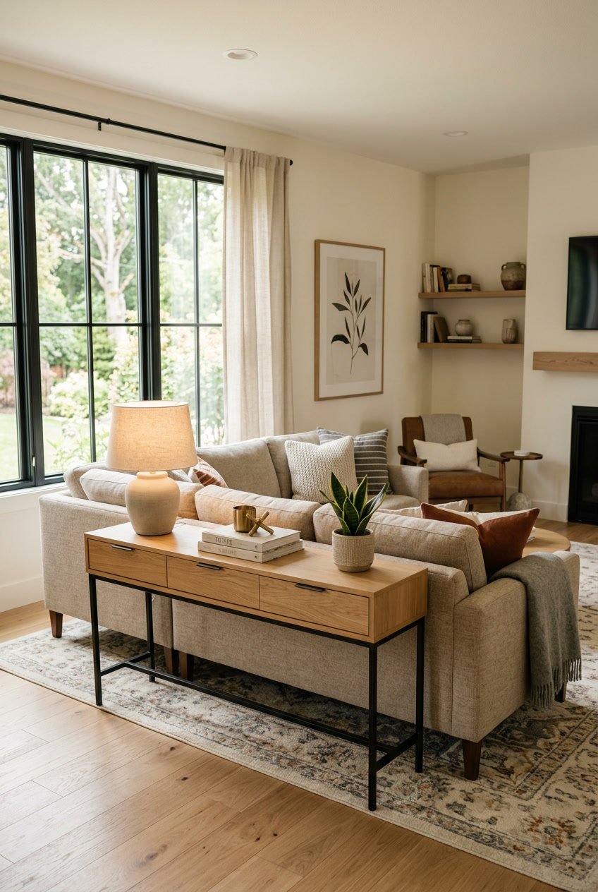 Living room with a sofa and a console table behind it, decorated with a lamp, plant, and books.