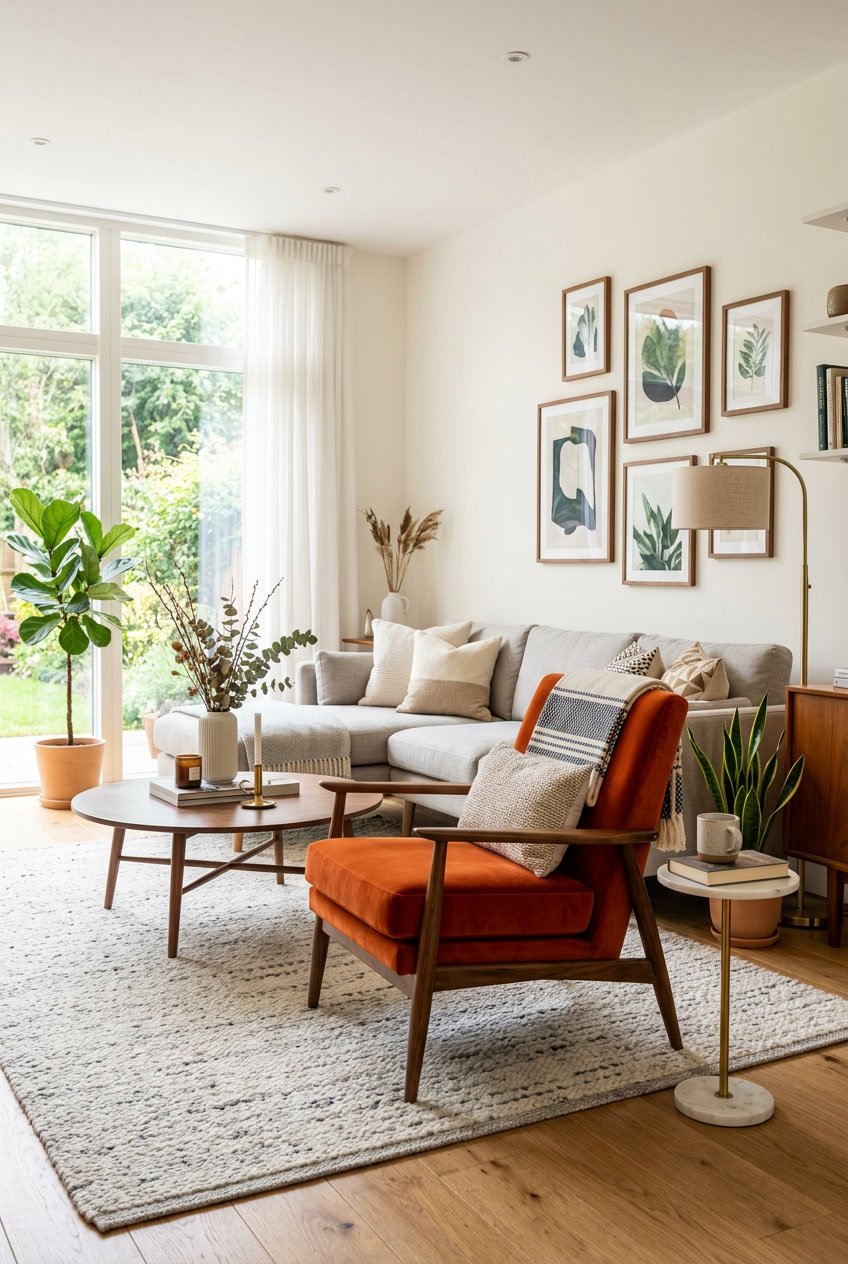 A living room with a colorful armchair next to a neutral sofa, a coffee table, plants, and wall art.
