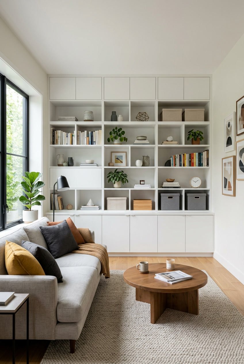 A living room with built-in cabinetry filled with organized books and decor, a sofa, and natural light coming through windows.