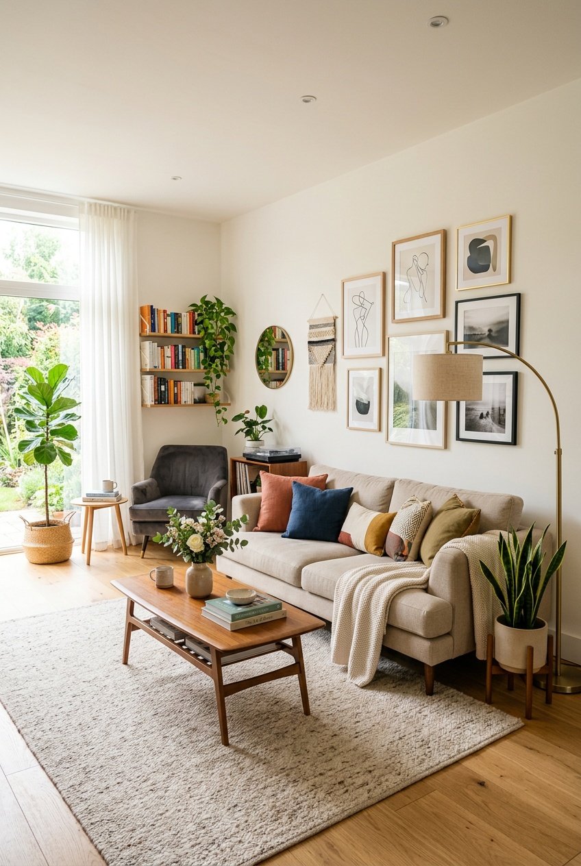 A modern living room with a beige sofa, colorful pillows, a wooden coffee table with flowers, framed artwork on the wall, a reading nook with an armchair and bookshelf, and indoor plants by large windows.