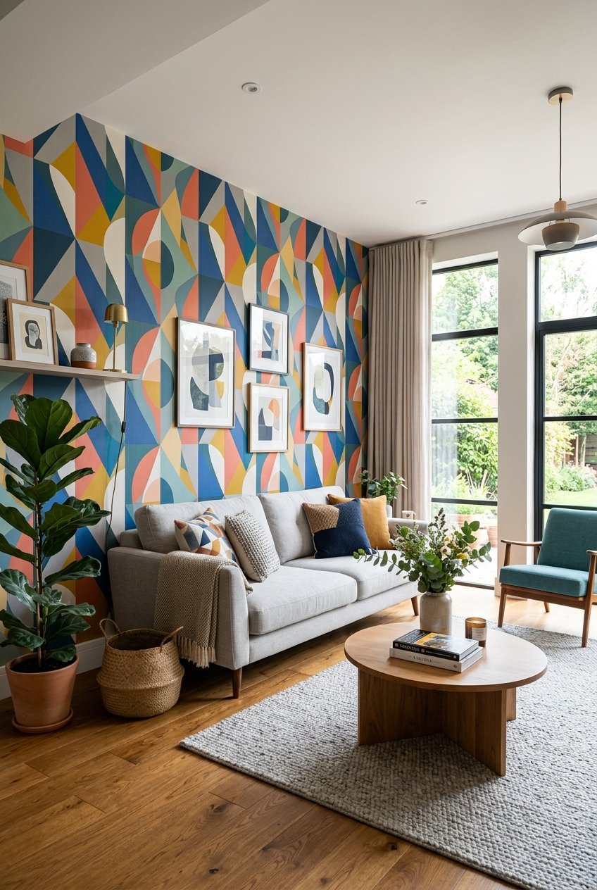 A living room with a bold patterned wallpaper accent wall, a sofa, coffee table, and natural light coming through large windows.