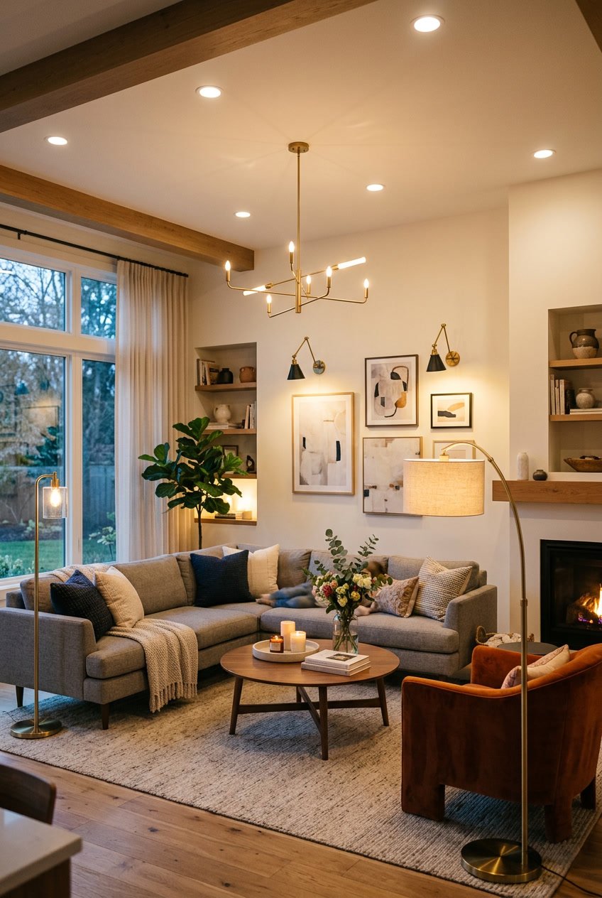 A modern living room with multiple light sources including ceiling lights, wall sconces, and floor lamps, featuring comfortable furniture and decorative elements.