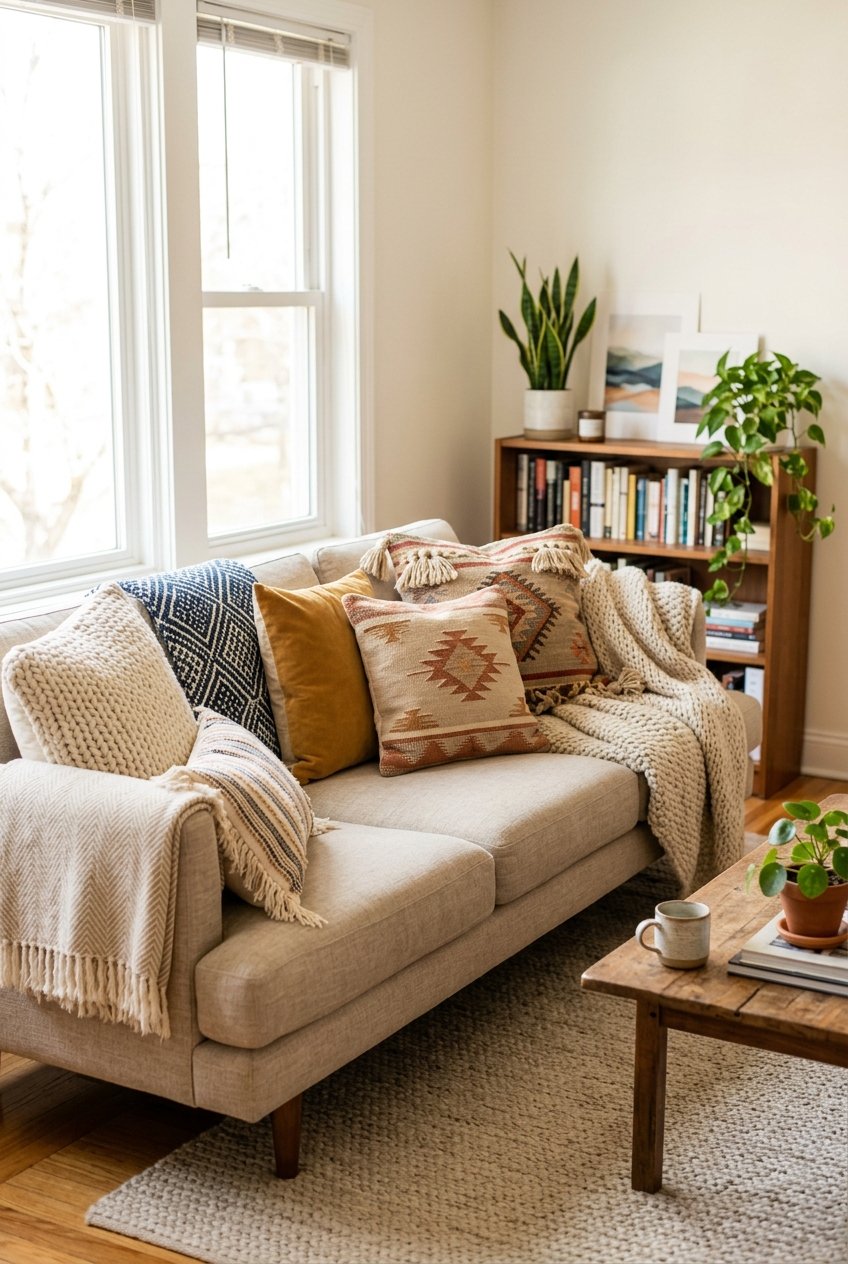 A living room sofa with multiple textured throw pillows and blankets arranged on it.