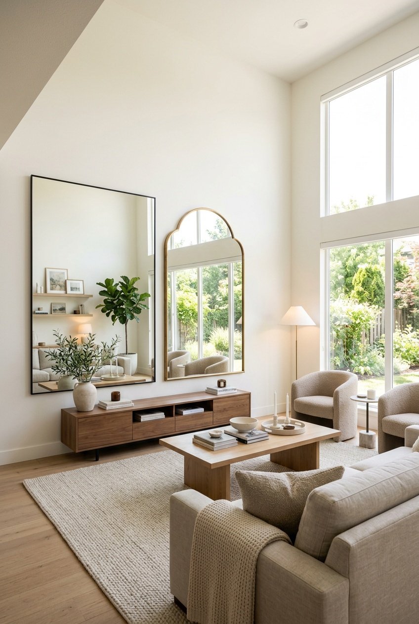 A modern living room with large mirrors on the walls reflecting the space and light, making the room appear larger and brighter.