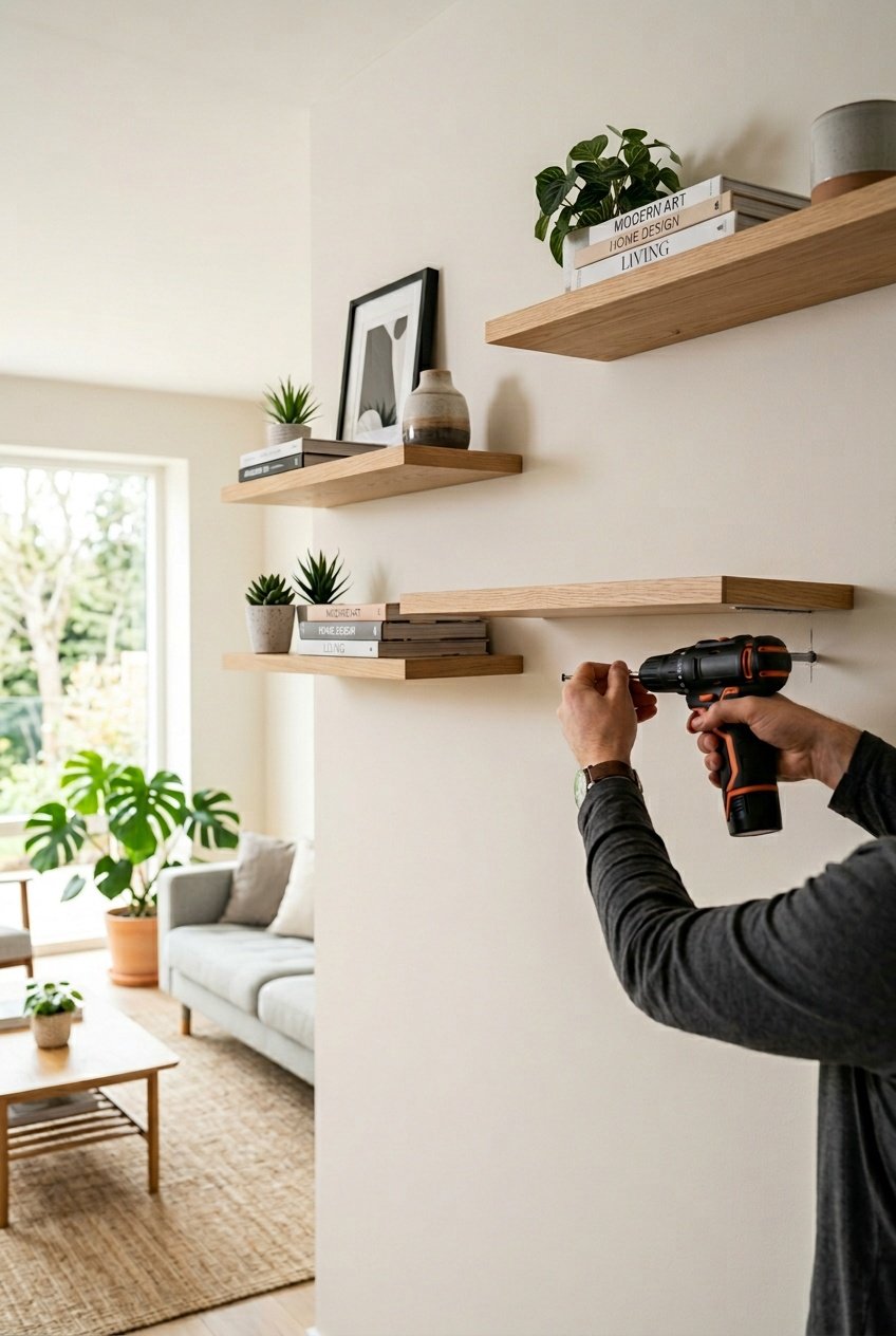 Person installing floating shelves on a wall in a bright living room with decorative items on nearby shelves.