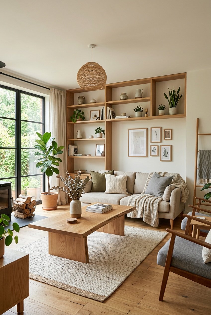 A living room with wooden furniture, shelves, plants, and natural light.