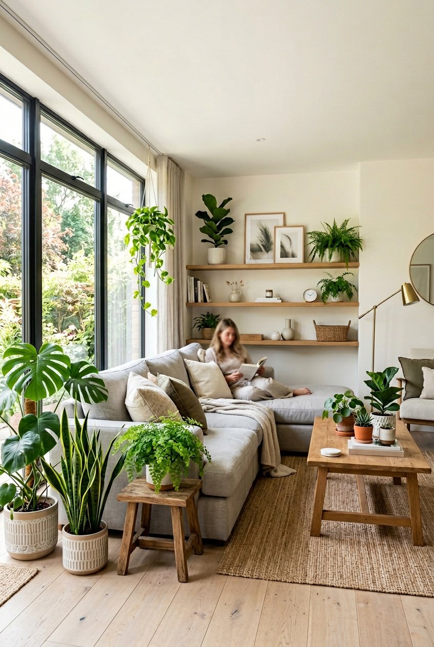 A modern living room with various indoor plants placed around a sofa and coffee table, illuminated by natural sunlight from large windows.
