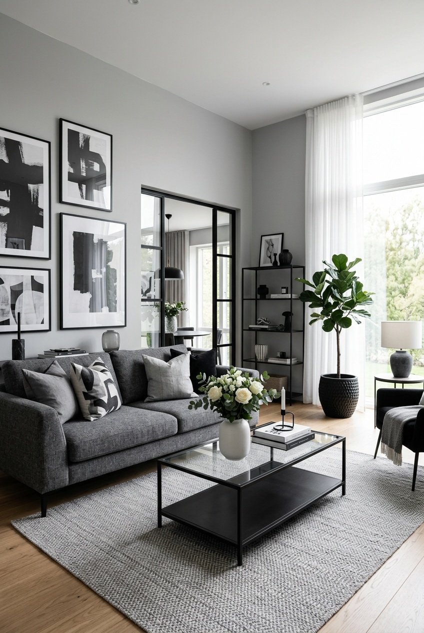 A living room decorated in shades of gray, black, and white with a sofa, coffee table, wall art, and plants.