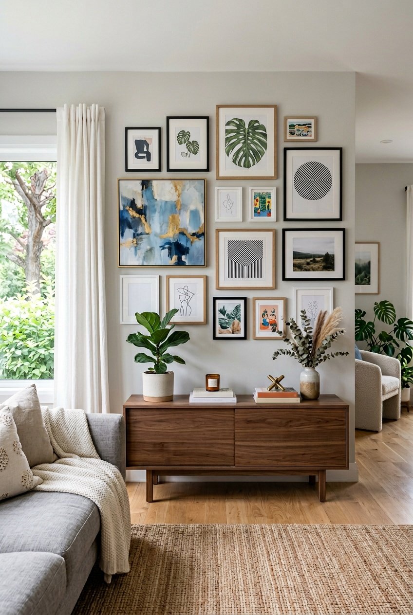 A living room with a gallery wall displaying various framed art prints above a wooden console table with plants and decorative items.