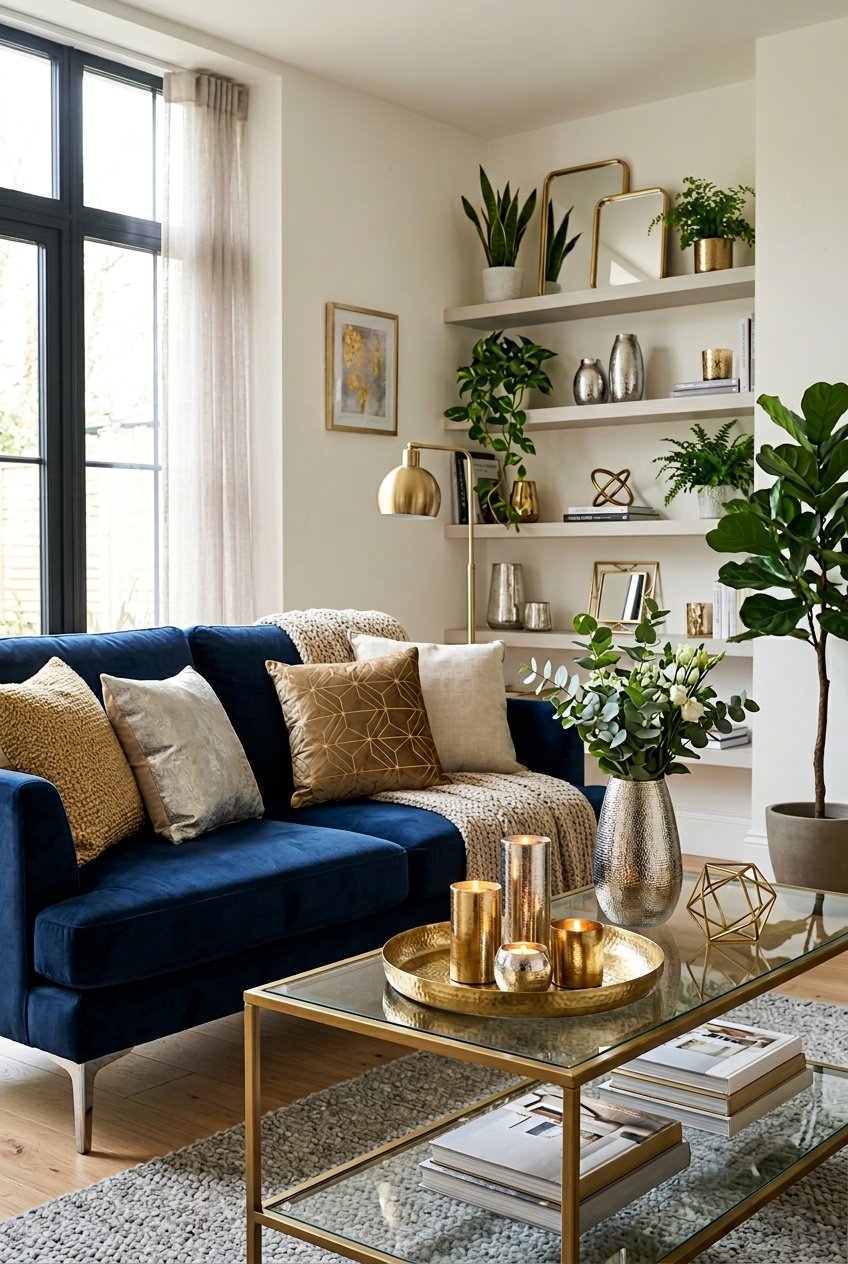 A modern living room with a sofa, coffee table, and metallic decorative items including vases and candle holders.