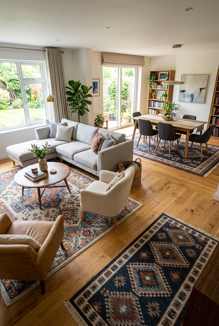 A living room and dining area separated by different patterned rugs on a wooden floor with modern furniture and natural light.