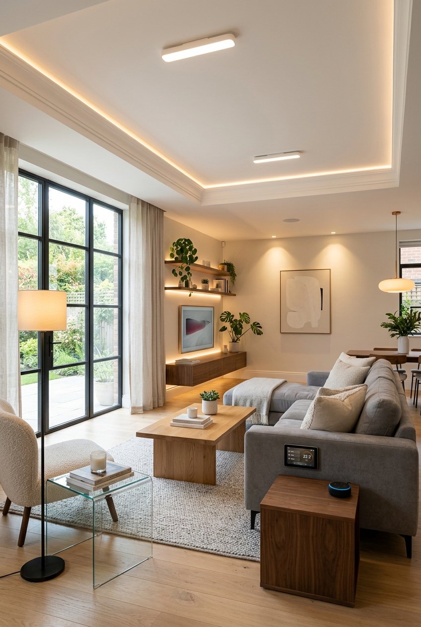A modern living room with smart lighting illuminating furniture, plants, and decor, featuring a smart control device on a side table.