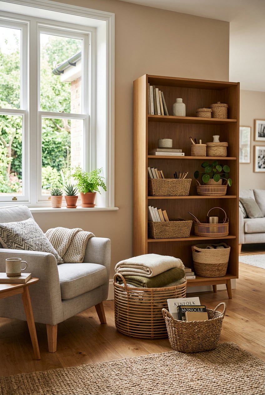 A living room corner with decorative woven baskets used for storage, holding blankets and plants.