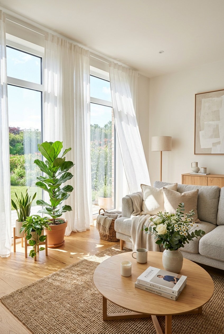 A living room filled with natural light coming through sheer white curtains on large windows, featuring a sofa, coffee table, and indoor plants.