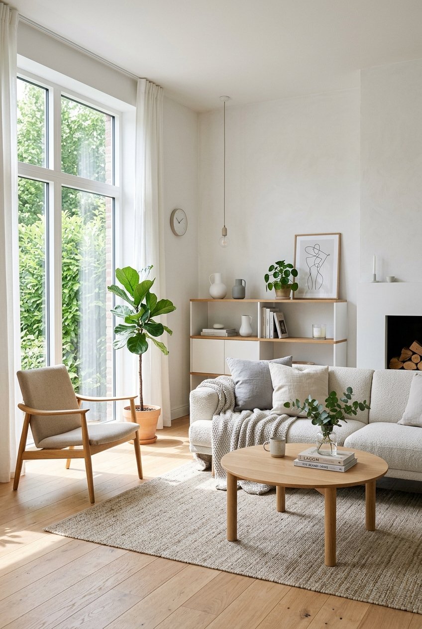 A bright living room with a white sofa, wooden coffee table, plants, and large windows letting in natural light.