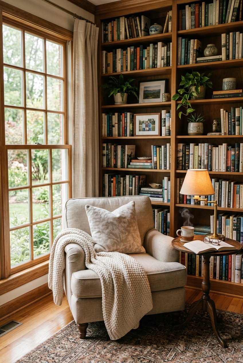 A cozy reading nook with an armchair, bookshelves, a side table with a cup, and natural light from a window.