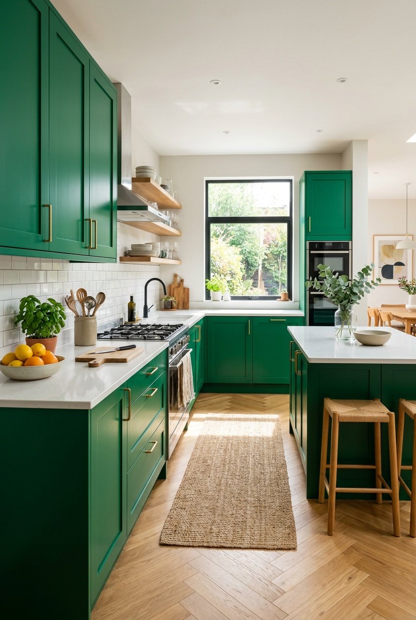 A modern kitchen with bold colored cabinets, natural light, and minimal decorative items on the countertop.
