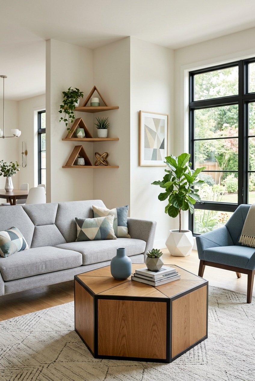 A bright living room with geometric shaped furniture including a sofa, coffee table, and wall shelves, decorated with plants and natural light.