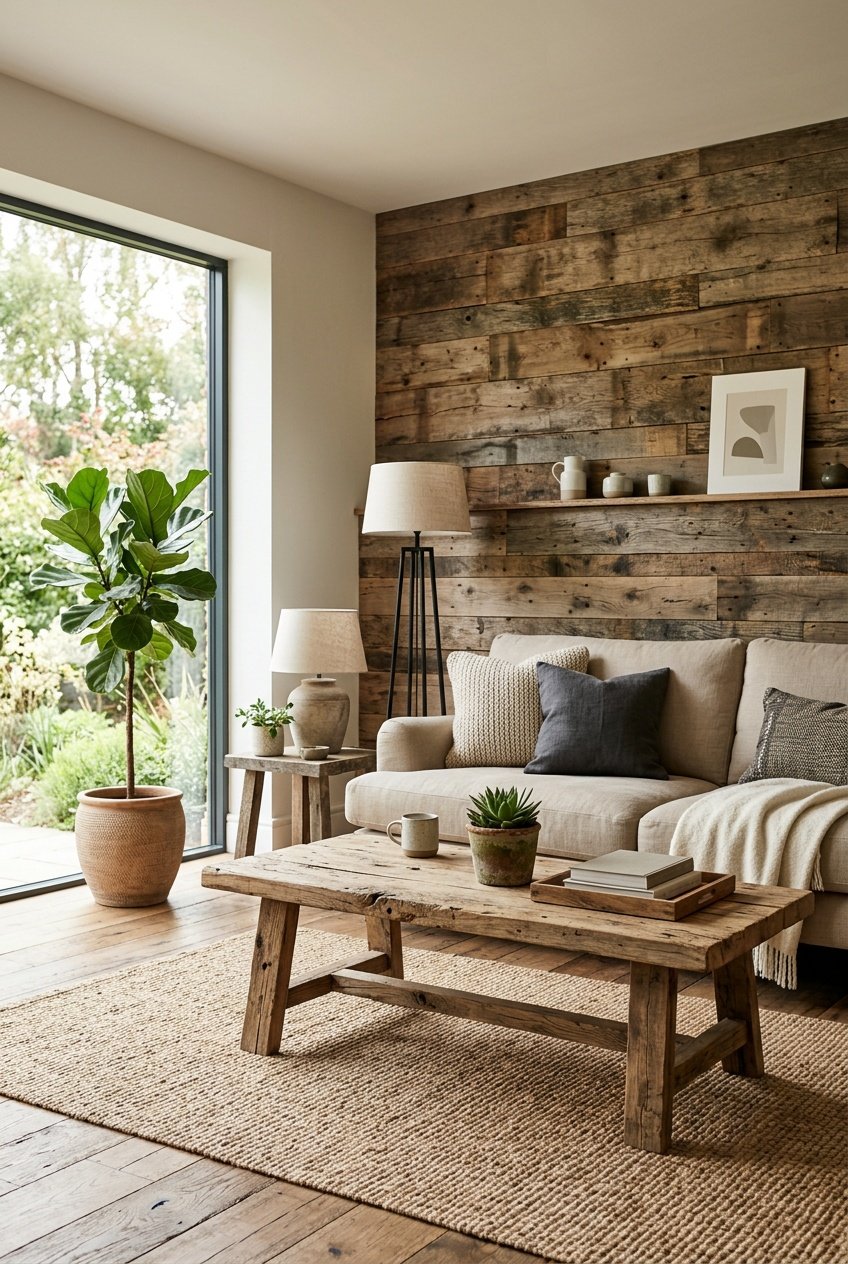 Living room with a sofa, coffee table, and a wall made of reclaimed wood, decorated with plants and natural light.