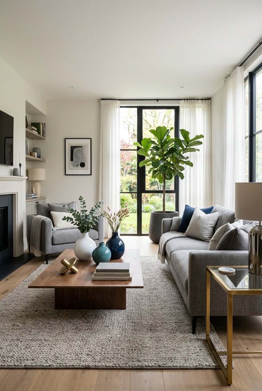 A modern living room with a wooden coffee table, sofas, glass side tables, and decorative vases, combining different surface textures.