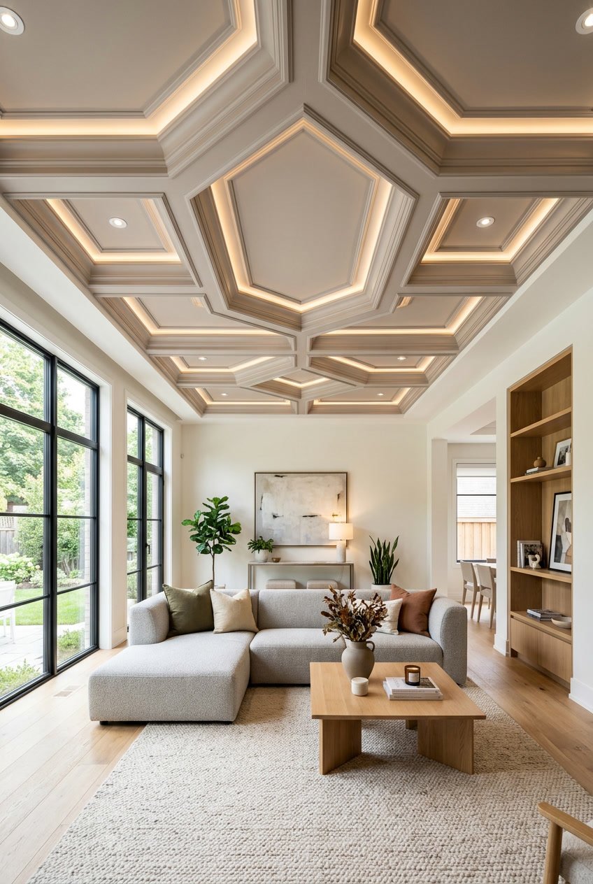 Living room with a feature ceiling decorated with paint or panels, furnished with a sofa and coffee table.
