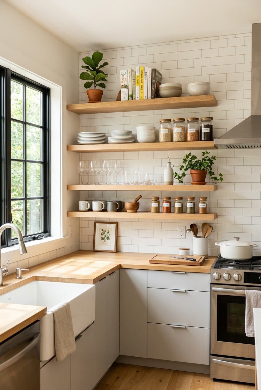 A modern kitchen with open wooden shelves holding dishes, glass jars, plants, and cookbooks, illuminated by natural sunlight.