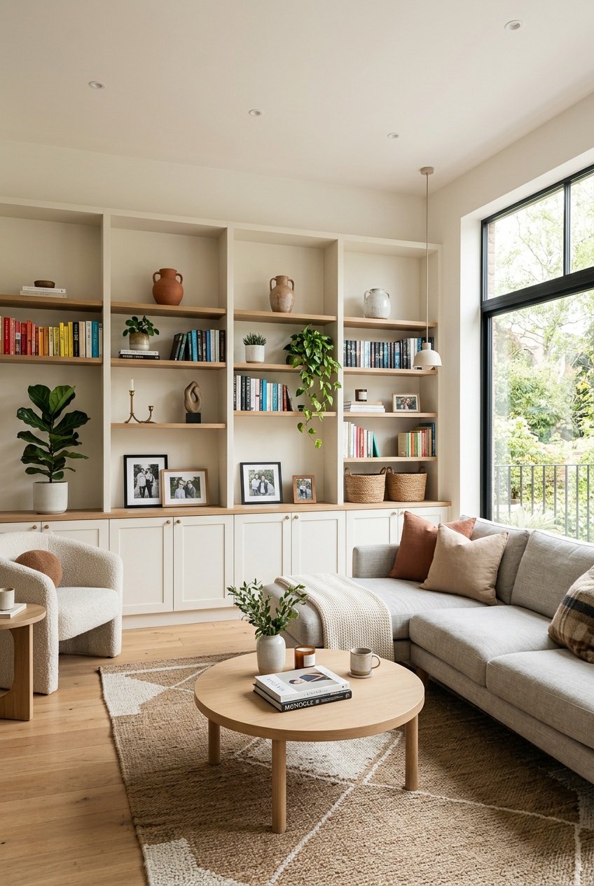 A modern living room with custom built-in shelves filled with books, plants, and decorative items, illuminated by natural light.