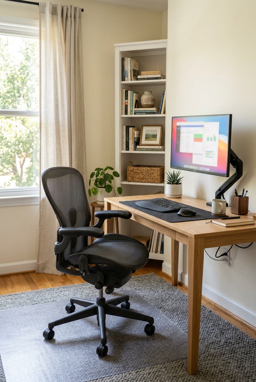 A home office corner with an ergonomic chair, wooden desk, computer monitor, keyboard, mouse, potted plant, and a bookshelf in the background.