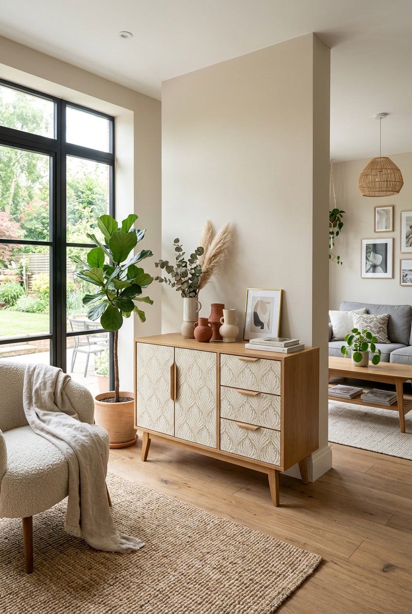 Living room with furniture pieces decorated using patterned wallpaper, surrounded by plants and decorative items.
