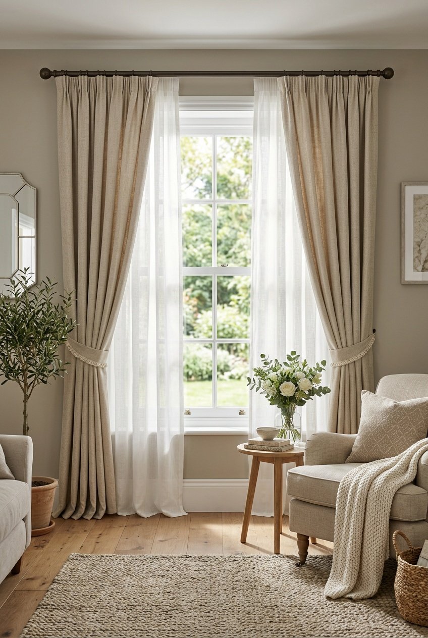A living room with large windows dressed in layered curtains letting in natural light.