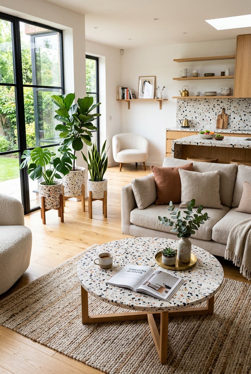 A modern living room with terrazzo coffee table, terrazzo kitchen countertops, green plants, and natural sunlight coming through large windows.