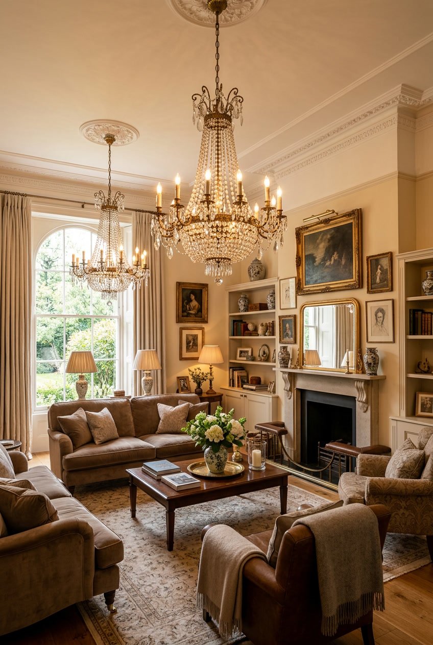 A living room with vintage chandeliers hanging from the ceiling, furnished with sofas and wooden furniture.