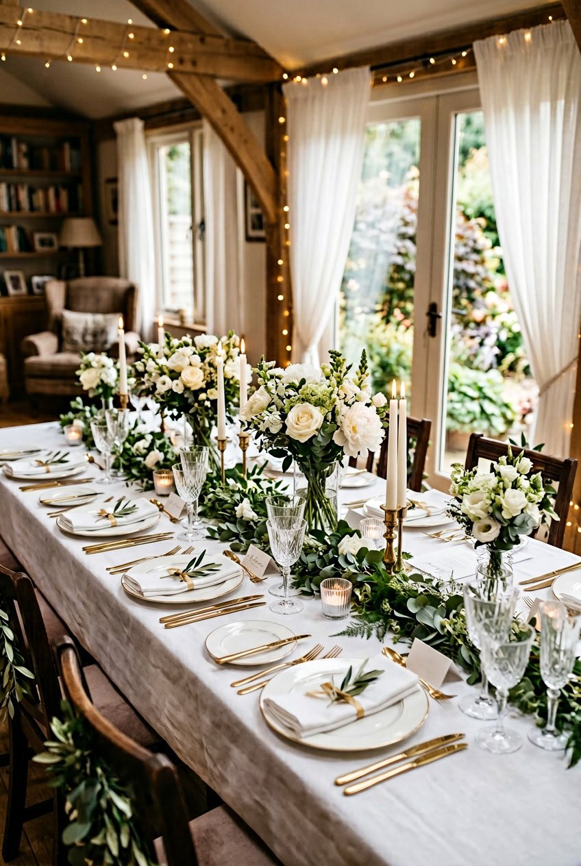 A decorated dining table set for a wedding with flowers, candles, and tableware in a softly lit room.