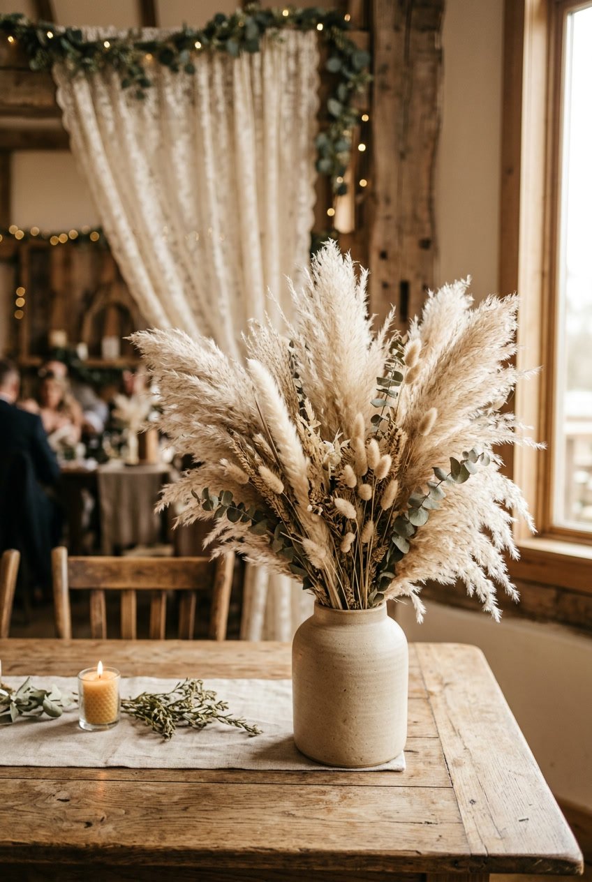 A bouquet of dried pampas grass in a ceramic vase on a wooden table with wedding decor in the background.