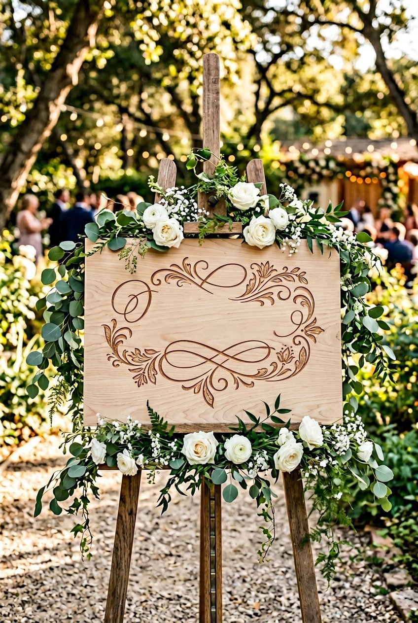 A wooden welcome sign on an easel surrounded by white flowers and greenery at an outdoor wedding setting.