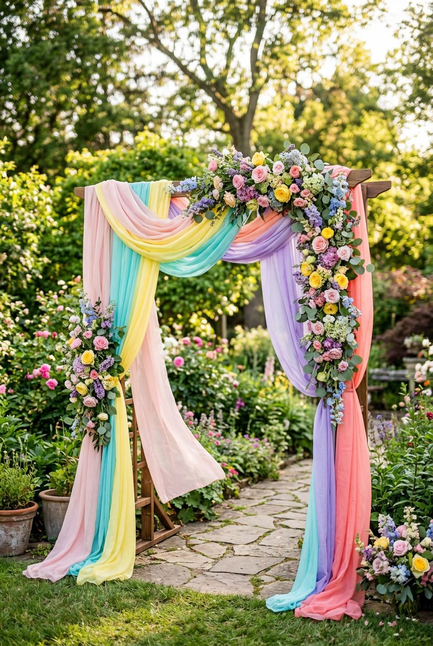 A wedding arch outdoors draped with colorful flowing scarves surrounded by greenery and flowers.