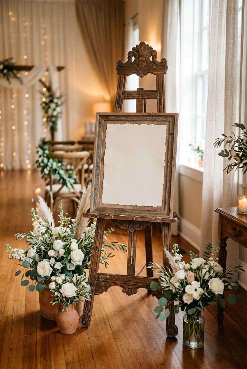 A vintage wooden easel holding a wedding sign surrounded by floral decorations in a softly lit room.