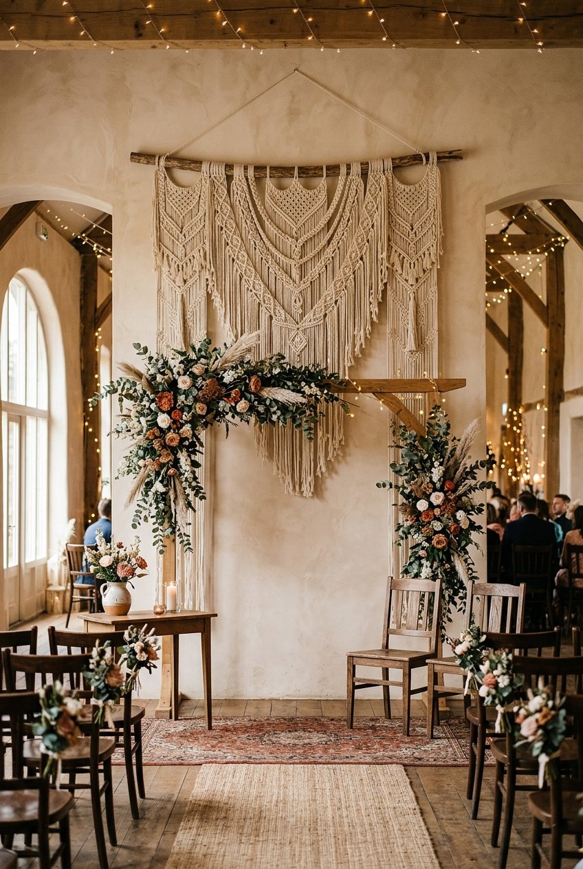 An indoor wedding setup with woven wall hangings, greenery, dried flowers, and soft lighting creating a warm and inviting atmosphere.