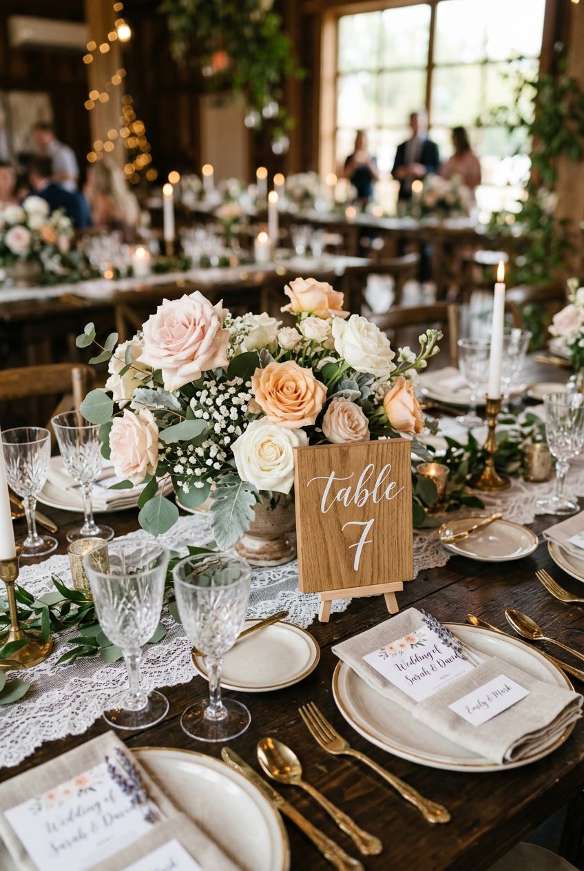 A wedding reception table with handmade wooden table number signs, floral arrangements, and elegant table settings.