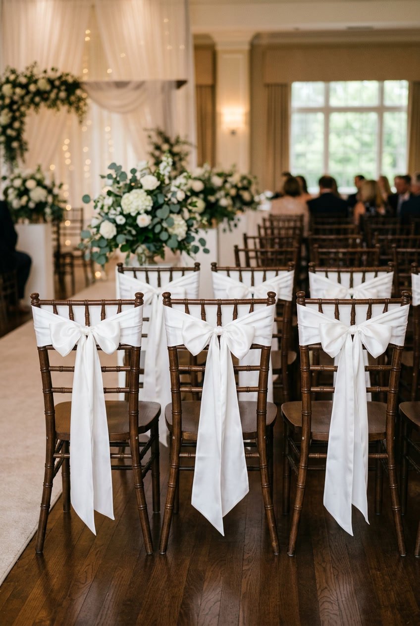 Wooden chairs with white silk ribbons tied in bows at a wedding venue with floral decorations in the background.