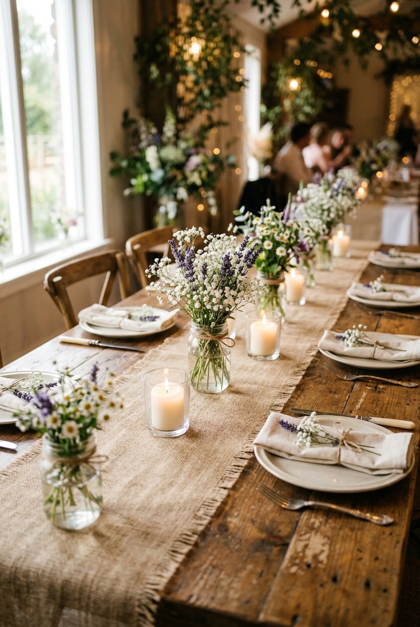 A wooden dining table with a burlap table runner decorated with candles and wildflowers in jars.