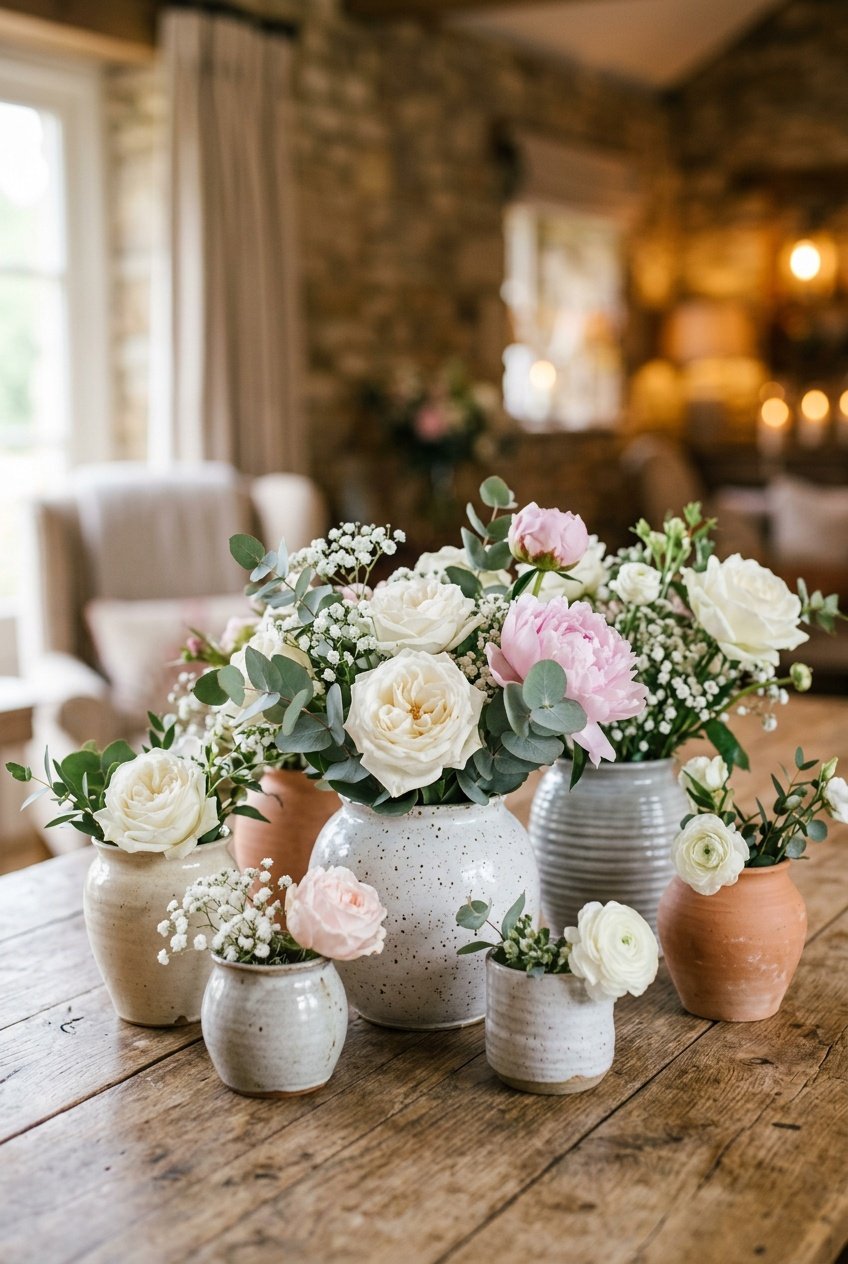 A collection of handcrafted ceramic flower pots with fresh floral arrangements placed on a wooden table as wedding centerpieces.
