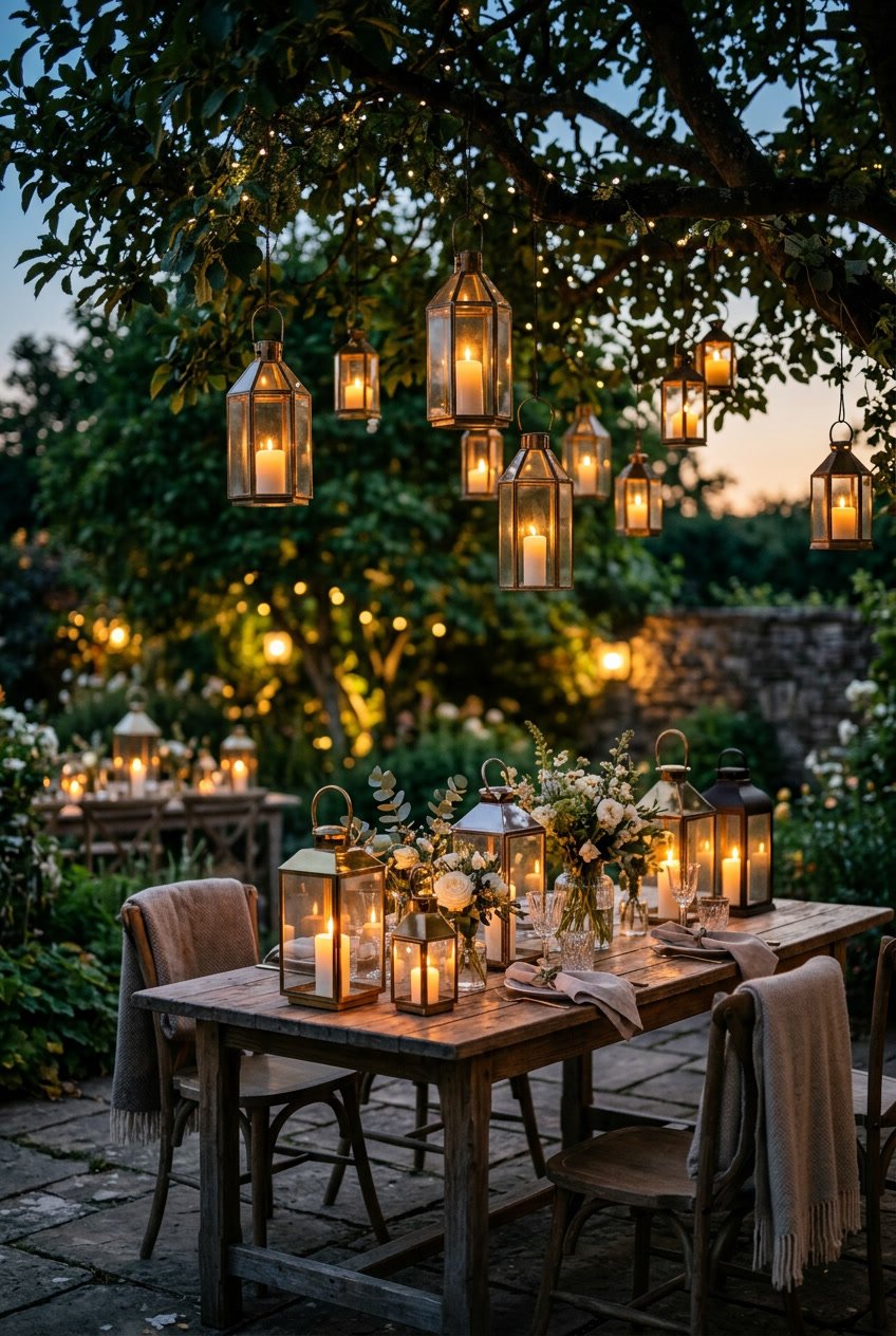 Outdoor scene with warm candle lanterns hanging from trees and placed on wooden tables surrounded by greenery and flowers.