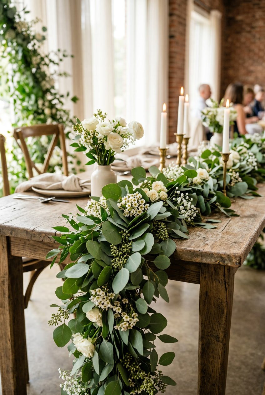 A natural greenery garland made of eucalyptus leaves arranged on a wooden surface with soft lighting and white floral accents.