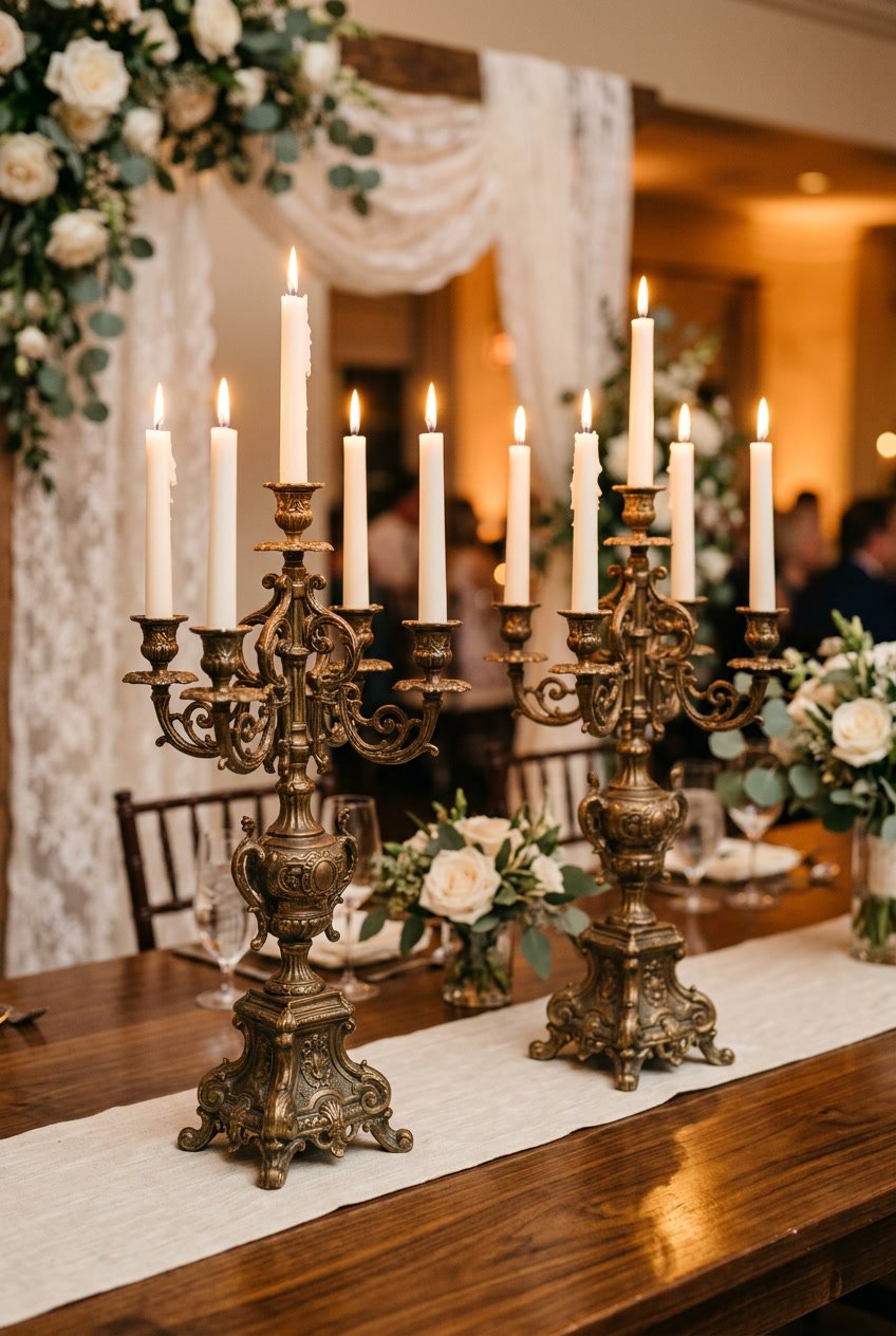 Two antique bronze candelabras with lit candles on a wooden table surrounded by wedding decor.